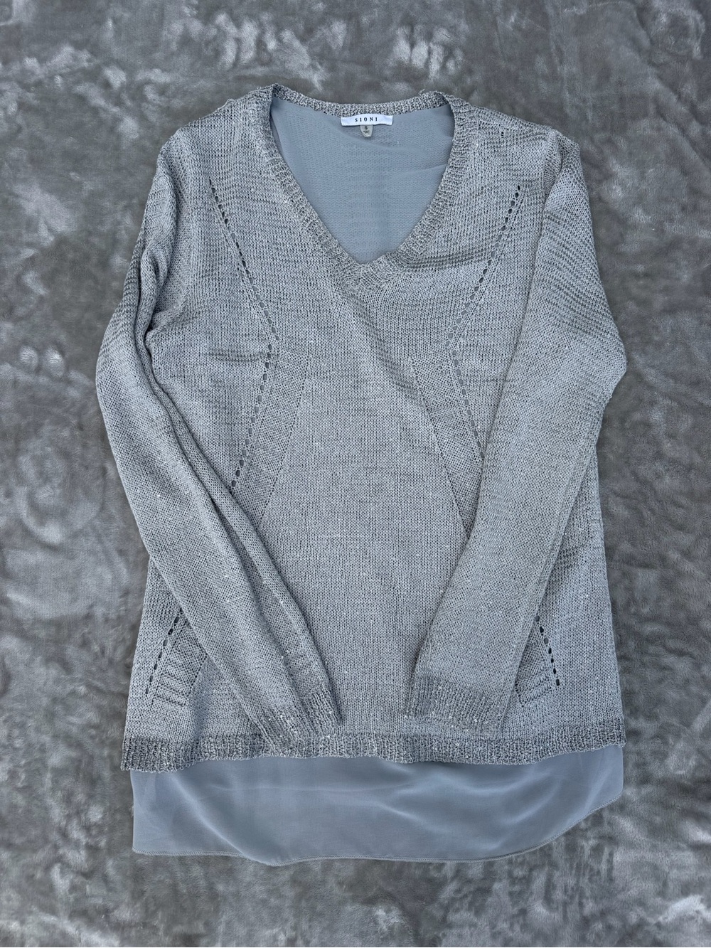 Sioni Light Gray V-Neck Sweater with Sheer Layered Hem